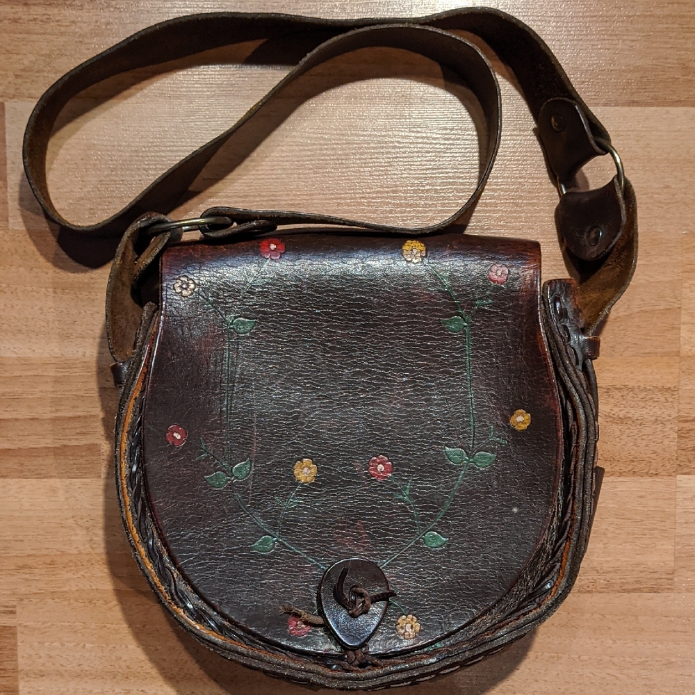 Vintage 70's Hand Tooled And Painted Floral Leather Shoulder Bag - Picture 1 of 5